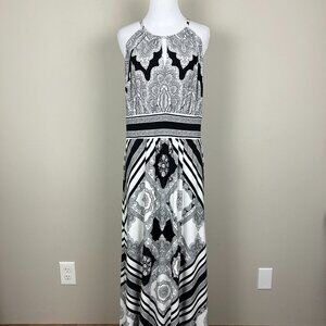 London Style Collection Maxi Dress 12 Black White Halter Neck Paisley Stripe‎